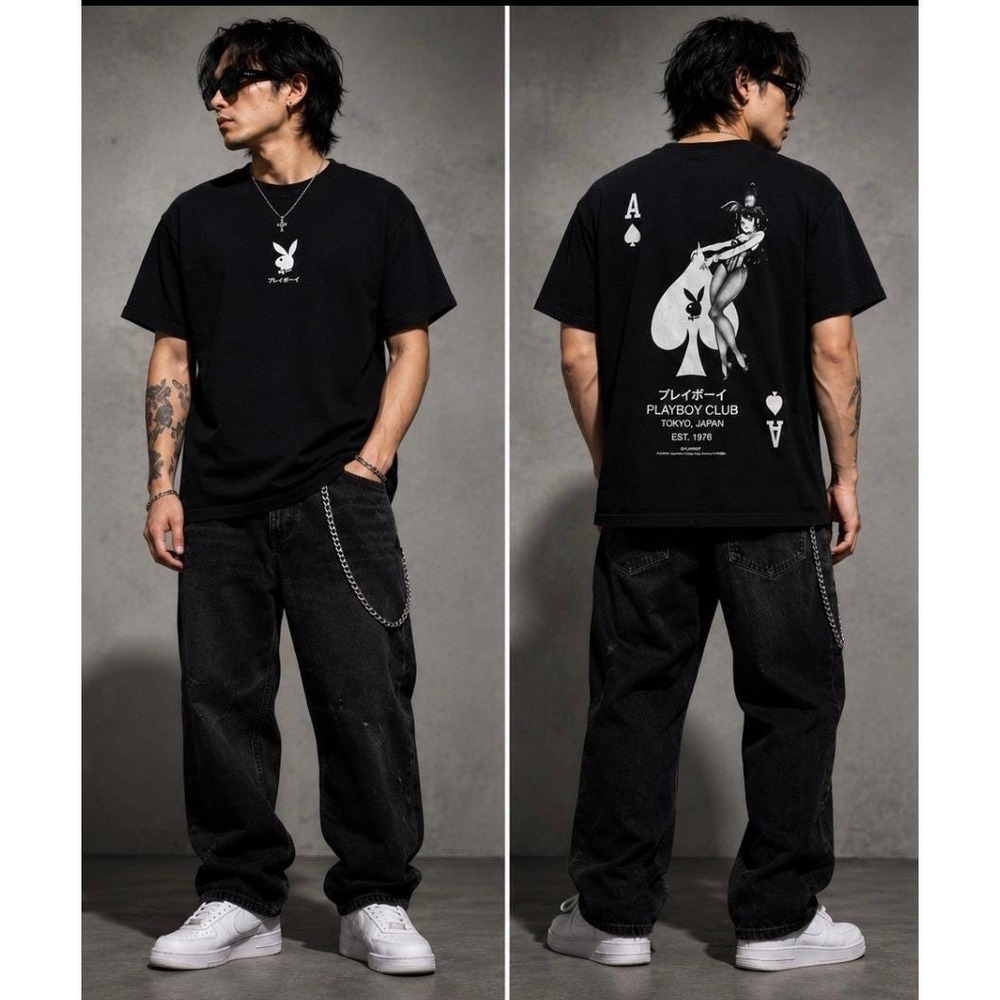 Playboy T Shirt Mens Large Black Tokyo Japan Ace Spade Graphic Bunny‎ Logo Tee